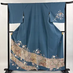 付下げ 身丈159cm 裄丈66cm M 袷 落款 向かい鳥 花唐草 金彩 金糸 青灰色 正絹 秀品 【中古】