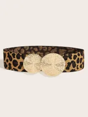 【ヒョウ柄】ダブル ゴールドディスク バックル 幅広ゴムベルト