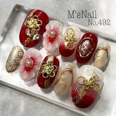 ネイルチップ 成人式 振袖 和柄 和装 着物 グラデーション ニュアンス 花 フラワー 大人 上品 赤