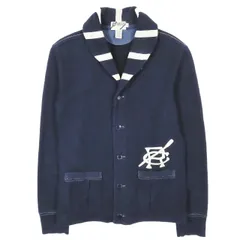 ラルフローレン ラグビー RALPH LAUREN RUGBY ストライプ スウェット ショールカラー カーディガン ジャケット 裏起毛 ロゴ ワッペン 上着 サイズL ネイビー メンズ YBA11