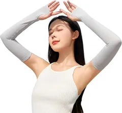 Famimor アームカバー レディース 冷感 uvカット ロング丈 指穴あり 腕カバー 接触冷感 UPF50+ 夏 ひんやり 日焼け防止 アームスリーブ ゴルフ 自転車 運転 ガーデニング スポーツ 作業用(ライトグレー,  S)