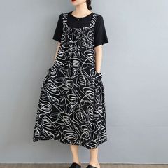 モード系  2点セット  Tシャツ+ワンピース  セットアップ  モノトーン  アーティスティック  キュート プリント  ポケット カジュアル Aライン  ミディジャン  パードレス