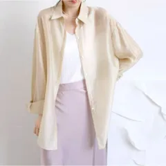 ☆ ベージュ ☆ Sサイズ ☆ シャツ 透け感 リラックス lysh1902 シャツ 透け感 レディース シースルーシャツ ブラウス カーディガン 薄手 シースルー 長袖 リボン ボタン ゆったり 襟付き 羽織り 体型カバー 無地 エレガント リラックス 夏