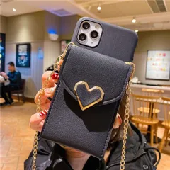 セール　新品　iPhoneケース　ハート　チェーン　ポケット付き　ストラップ　ブラック