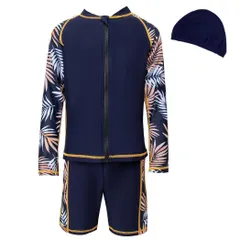 [Teddy] キッズ 水着 男の子 長袖ラッシュガード ハーフパンツ スイムキャップ 3点セット 水陸両用 kids473