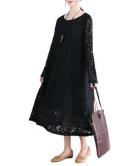 [グリーンパキラ] 総レース ロングワンピース 長袖 ゆったり 体型カバー レースワンピース レディース きれいめ ワンピース お洒落ワンピース Aライン 春 夏 秋 40代 50代 60代 7色 (L, ブラック) [ブラック] [L]