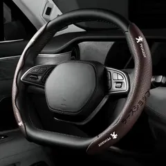 新品 プジョー PEUGEOTモカブラウンハンドルカバー ハンドル保護 専車ロゴ ステアリングカバー レザー 滑り止め D型 O型 分割 タイプ 2本セット 新品未使用 kkk