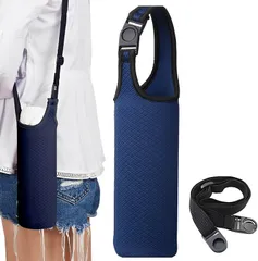 fogman 水筒カバー おしゃれ ペットボトルカバー 魔法瓶 持ち運び 携帯 ストラップ付(ブルー,  中)