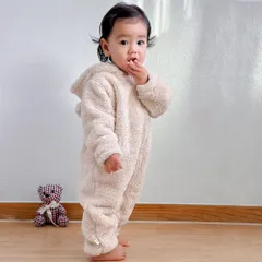 ふわもこ 着ぐるみ カバーオール もこもこ ジャンプスーツ ベビー 男の子 女の子 アウター 長袖 60 70 80 90 100[kumaca-white]