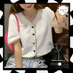 ツイード風半袖ジャケットレディース韓国風 サマーカーディガン Vネック 透かし編みニット ショートカーデ 立体感 シャツ ラメ入り羽織り 夏 トップス バイカラー レトロボタンお洒落 配色カーデかわいい 開襟シャツ大人上品 84TIANHEYT-021
