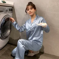 ☆ ブルーグレー ☆ 2XLサイズ ☆ パジャマ長袖 lypaja5 パジャマ レディース 長袖 ルームウェア 部屋着 寝巻き ねまき 寝巻 寝間着 ナイトウエア 室内着 前開き 上下 上下セット セットアップ 冬 長ズボン 大きい 大きいサイズ サテン