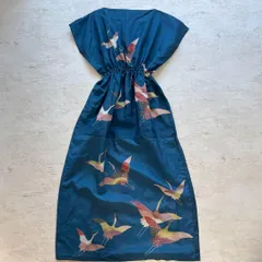 昭和レトロ 和柄 鶴プリント 半袖ワンピース ネイビー 着物リメイクロング丈J2