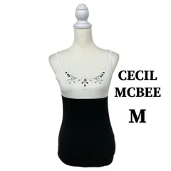 M【 CECIL McBEE （ セシルマクビー ）】ビジュー付きバイカラータンクトップ Mサイズ ブラック×ホワイト 柔らかストレッチ ノースリーブ 夏フェミニン カジュアル デイリー コーデ  KKB-19