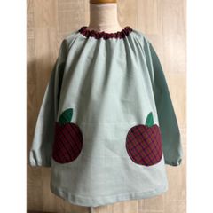 100〜120size りんごポケット タータンチェック 赤 長袖スモック 首パイピング 4番 くすみブルー