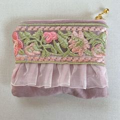 ☆ハンドメイド☆インド刺繍＆フリル☆ミニポーチ☆ピンク☆