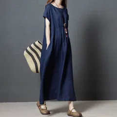 ワンピース リネンワンピース ワンピドレス ロング ロング丈  半袖 ラウンドネック 襟なし セミフレア Aライン ポケット ハイウエスト コットン リネン かわいい 大人可愛い シンプル カジュアル レトロ アジアン エスニック エキゾチック  ナチュラルス