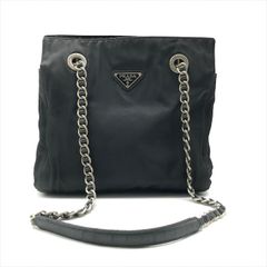 良品 PRADA プラダ ナイロン テスート 三角ロゴ チェーン ショルダー トート バッグ レディース ファッション小物 ブラック a6278