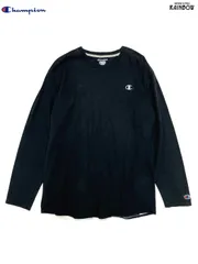 古着 Champion チャンピオン 無地 ワンポイント ブランドロゴ コットン100％ 長袖 Ｔシャツ 黒 (ttu2409184)