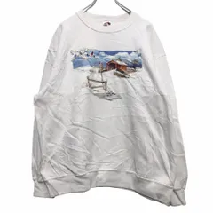 FRUIT OF THE LOOM プリント スウェット トレーナー L ホワイト ブルー レッド ブラウン 雪景色 家 木 鳥 古着卸 アメリカ仕入 a511-5366