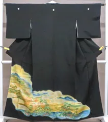【一輝堂】【着物】黒留袖　五つ紋　松に風景文　比翼仕立て　身丈約158cm　裄丈約63.5cm　25z04-2199