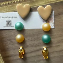 462.美濃焼ハートとグリーンイエロー3ペアイヤリング