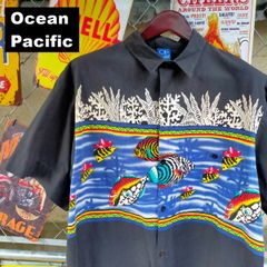 Ocean Pacific オーシャンパシフィック アロハ シャツ XL相当 熱帯魚 南国 ゆったり 黒 ブラック 10675