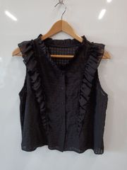 b153●merlot●メルロー●シフォン●フリル●シアー●チェック●ノースリーブ●ブラウス●シャツ●sizeサイズ表記なし●黒