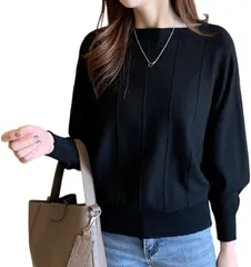 world resilience ニット セーター レディース 長袖 ドルマンスリーブ ボートネック 無地 オシャレ オフィス( ブラック,  Free Size)