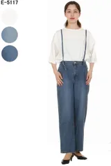 レディース サス付きデニム 2WAYパンツ E-5117 サスペンダー ウエストゴム ストレート カジュアル ワイドパンツ イージーパンツ きれい サロペット オールインワン おしゃれ ゆったり 新品 体型カバー デニム ネイビー ブルー ホワイト