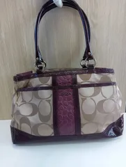 【中古品】 COACHコーチ シグネチャー ハンドバッグ トートバッグ F20353 キャンバス×レザー ベージュ×紫パープル 肩掛け 手提げ バッグかばん 現状品