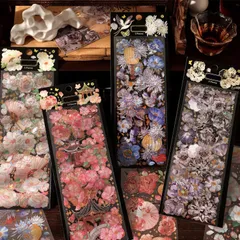 【特価セール】透明、箔押し、防水、花 キラキラ アクリル 防水ステッカー フレーク シール 詰め合わせ フレークシール ステッカー フレーム 透かし彫り シール 背景紙 和風 おしゃれ 素材紙 紙もの コラージュ素材 パック 四季の花（合計4セット）手帳 シー