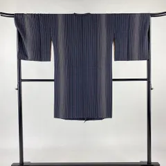 道行 身丈106cm 裄丈68cm L 和装コート 角衿 幾何学模様 濃紺 正絹 美品 逸品 【中古】