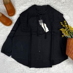新品 つけ襟付き ビッグカラー バンドカラーブラウス 綿 麻 ブラック M L