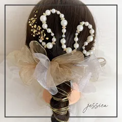 金箔付ヘッドドレス❤︎水引×パールチェーン×リボン×ホワイトゴールド　髪飾り卒業式