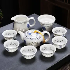 透かし模様で茶の色が見える玲瓏磁器 玲瓏磁 陶磁器 白磁 玲瓏 ティーポット 9点セット 太陽花宝瓶 茶器セット ティーセット 中国茶器 台湾茶 ウーロン茶 紅茶茶器