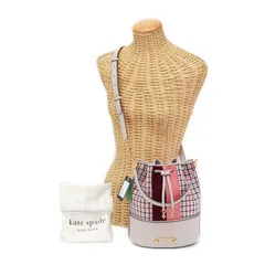 ケイトスペード Kate Spade グラマシー レーシング ストライプ プラッド ツイル ミディアム バケット バッグ ウール  ポリエステル  ペブルレザー プラッドチェック KC979 ショルダーバッグ ピンク グレージュ 美品 中古 mbe25015