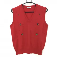 【美品】マンシングウェア ニットベスト レッド 前面ケーブル編み ウール100％ Vネック レディース L ゴルフウェア Munsingwear