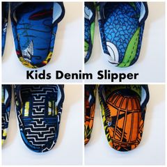 【Heiwa Slipper / 平和スリッパ】Kids Denim×Batik Slippers S (17cm〜18cm)【E〜H】/  キッズ ルームシューズ 室内履き デニム バティック スリッパ