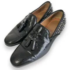美品 Christian Louboutin クリスチャンルブタン TASSILO パテントレザー スタッズ タッセルローファー スリッポン 41.5 約26.5cm ブラック メンズ 古着 中古 USED