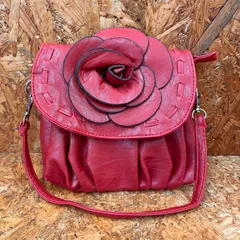 未使用 コサージュモチーフ フェイクレザー ハンドバッグ レッド 花 装飾 ポーチ ミニハンドバッグ レディース Ladies カバン bag