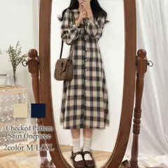 チェック柄シャツワンピース ワンピース 長袖 前開き チェック柄 Vネック ウェストマーク ガーリー 可愛い ナチュラル