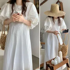 ワンピース ホワイト 無地 レディース ロングワンピース かわいい 半袖 着痩せ 大人 パフスリーブカジュアル ゆったりchaoliu143