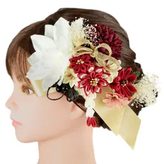 髪飾り リボン 卒業式 袴 花 ２点セット 赤 白 ピンク ゴールド ちりめん 藤下がり 組紐 造花 カスミソウ ビーズ コーム Uピン No.9-5187