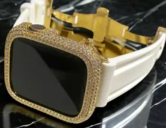 ゴールド×ホワイト★超高級パブェ Apple Watch キラキラ カバー ケース ラバー バンド ベルト