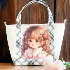 ころりんトートバッグ アリス風パネル 水色 Dカン 2段フリルレース