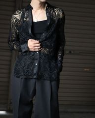 marble art lace mesh satin l/s shirt black ユニーク アトミック アート サテン メッシュ レース 長袖シャツ 黒 90s 00s