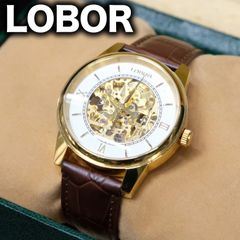 LOBOR DYNASTY AUGUSTUS BROWN 自動巻き腕時計  LB3507M オートマチック ロバー スケルトン 機械式 ゴールド/ブラウン クロコ柄ベルト レザーバンド