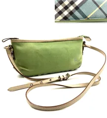 BURBERRY BLUE LABEL バーバリーブルーレーベル　ショルダーバッグ  ポシェット　クロスボディ　斜めがけ　キャンバス×レザー ホースマークロゴ刺しゅう　ノバチェック　モスグリーン×ベージュ　レディース