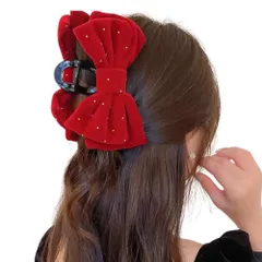 ヘアクリップ バンスクリップ ビッグリボン 大きい 髪留め ベロア ラインストーン キラキラ かわいい パーティ フェミニン (レッド) [レッド]