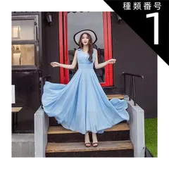 種類1：スカイブルー/S シフォンワンピース シフォンドレス ドレスワンピース ワンピース ドレス フレアワンピース シフォンワンピース ロング ロング丈 マキシ マキシ丈 9分丈 袖なし ノースリーブ Vネック カシュクール フレア セミフレア Aライン シ